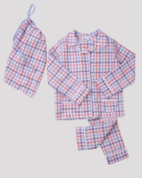 Pijama din bumbac cu carouri albastre
